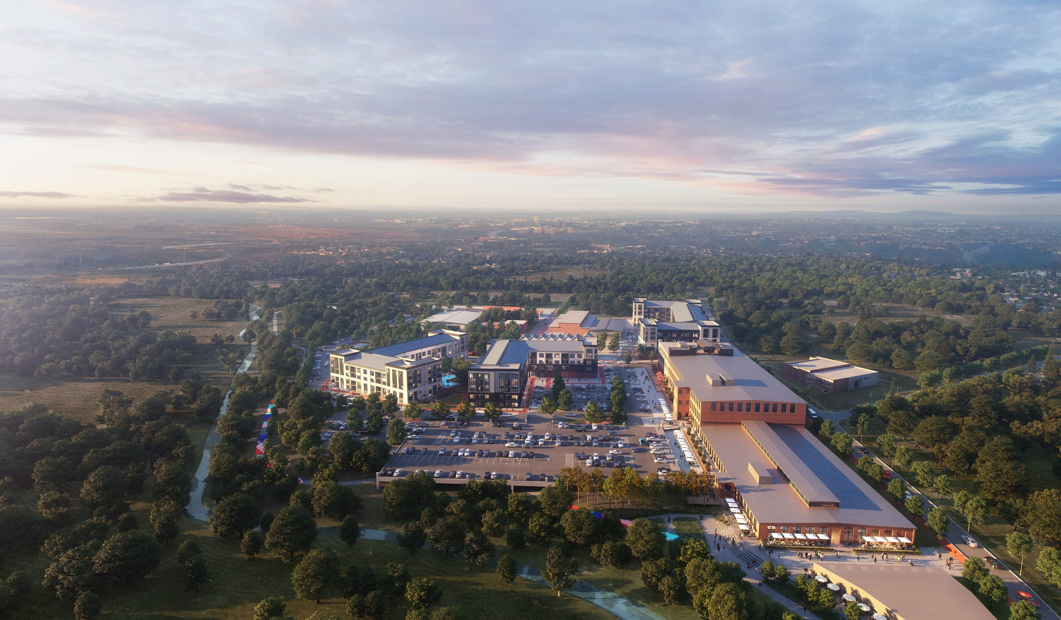 aerial view of apartment complex and parking lot