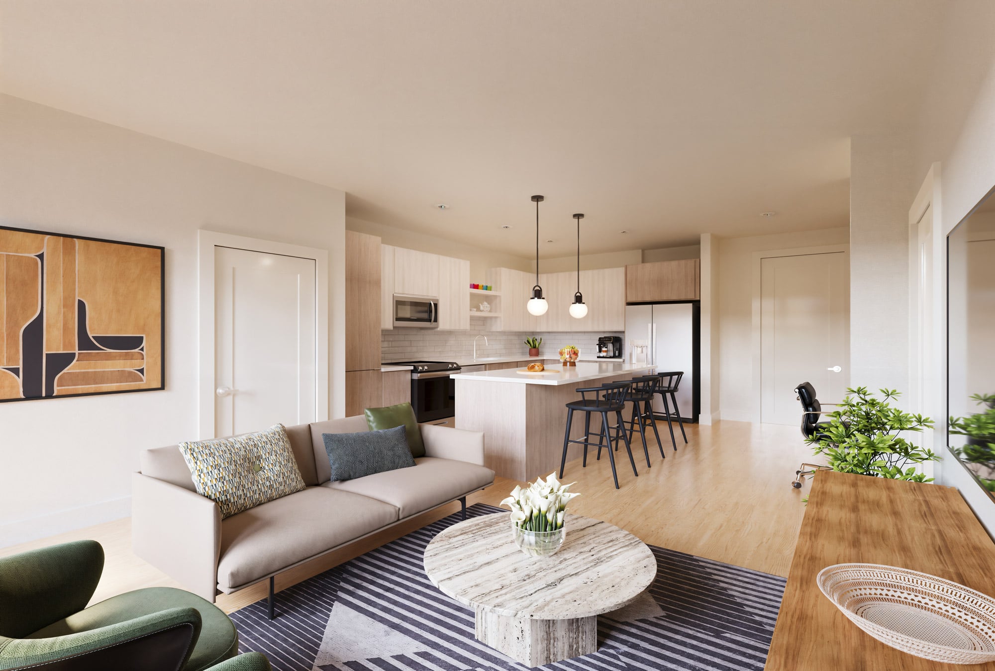 modern apartment living room and kitchen with island seating